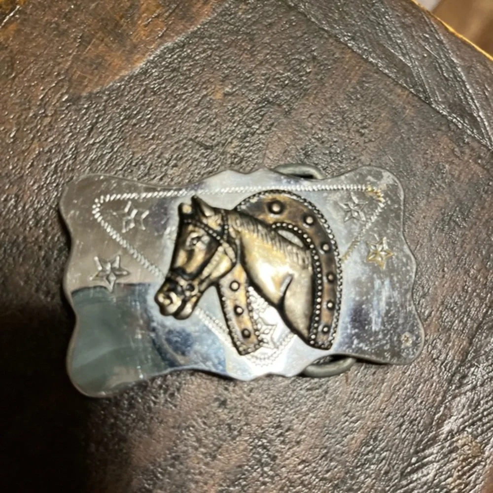 Vintage‎ Horse and Horseshoe Belt Buckle Silver Tone Black Brass Look Small